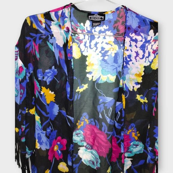 Angie Womens Coverup Sz M Kimono Sheer Black Floral Fringe‎ - Picture 6 of 9